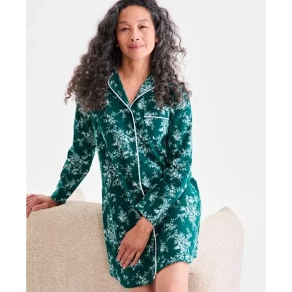 Charter Club Other - Charter Club Intimates Nightshirt Flannel Green Floral Cotton Button Front NWT L